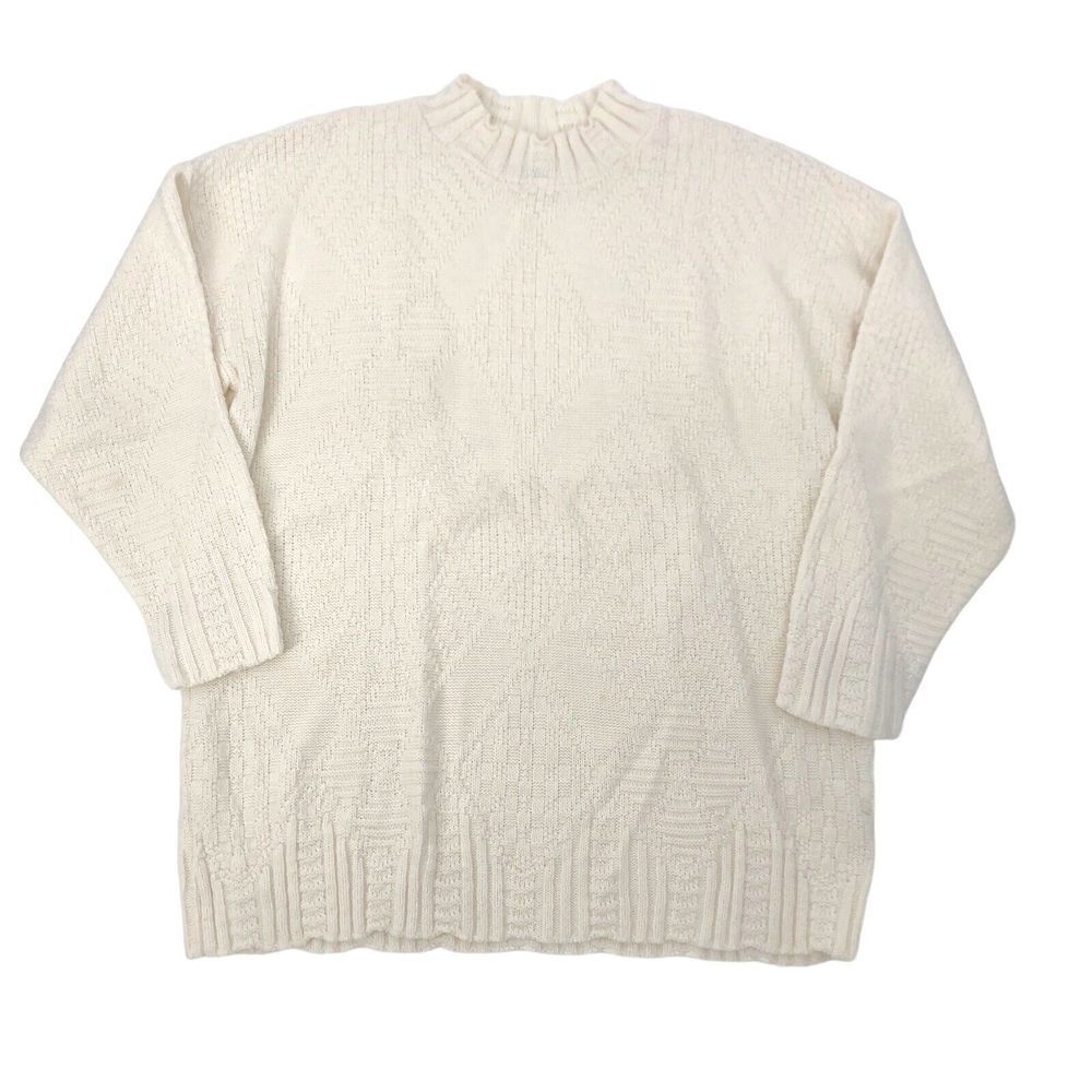 Vintage Ship'N Shore Mock Lettuce Neck Cream Geometric Knit Oversize Sweater